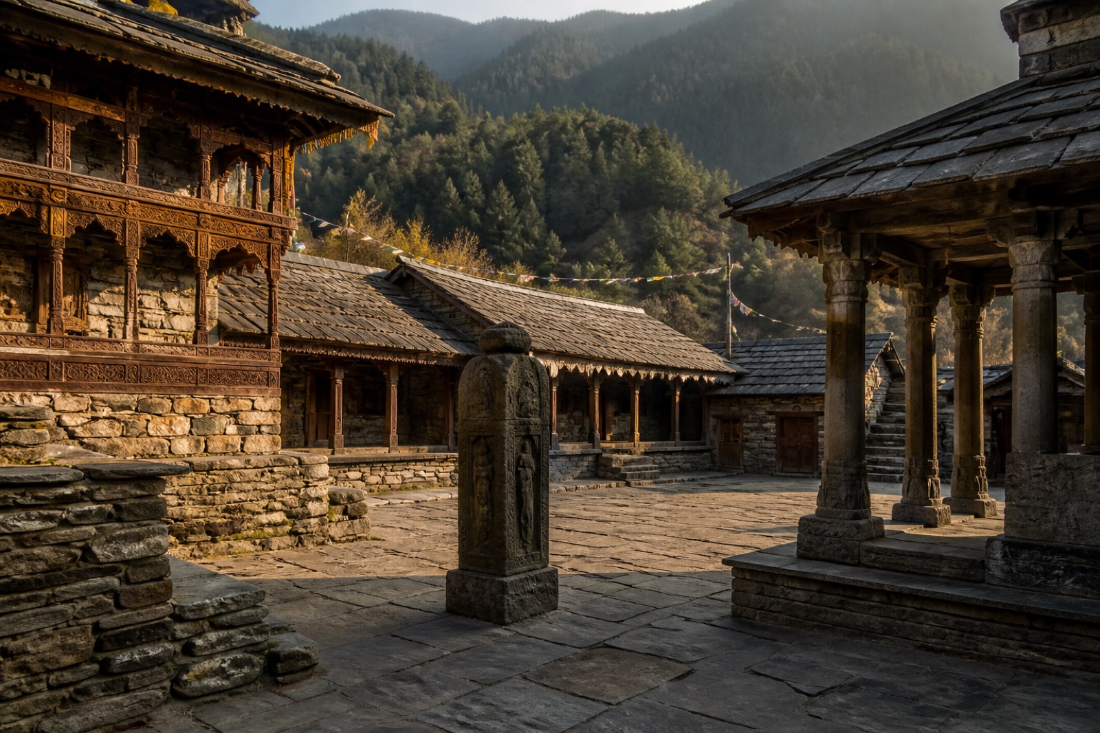 AI visualisation of a fictional carved-stone temple courtyard inspired by Chamba and Kangra