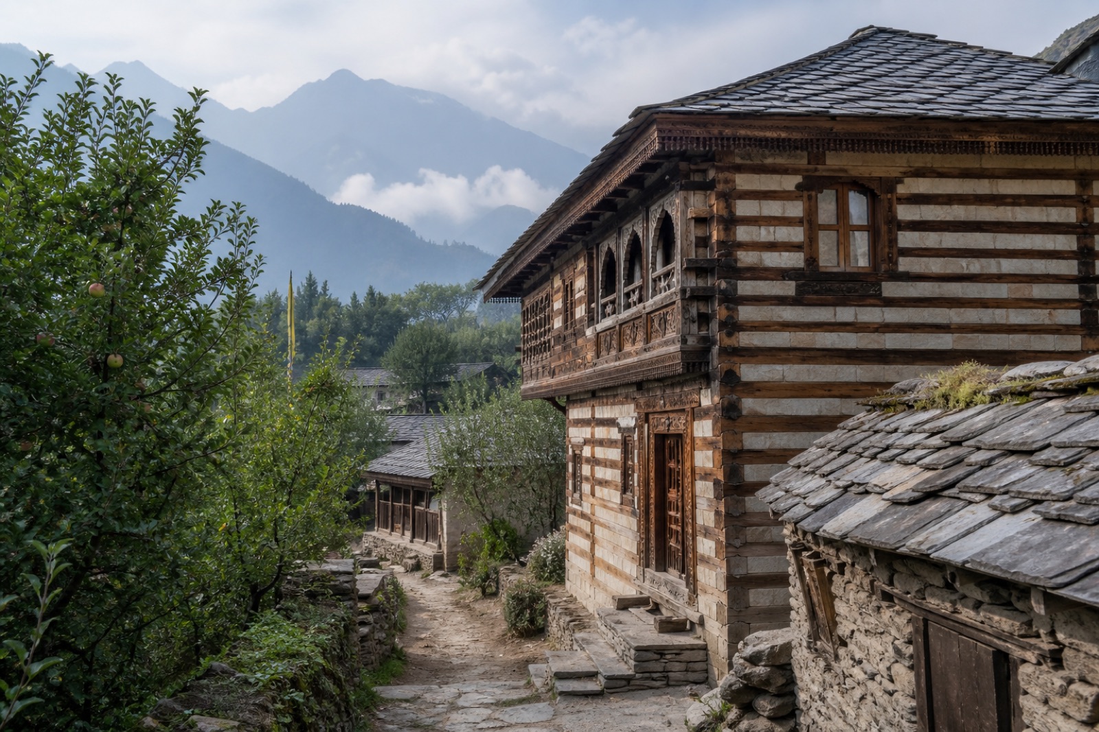 AI visualisation of a fictional timber-and-stone heritage village inspired by Naggar