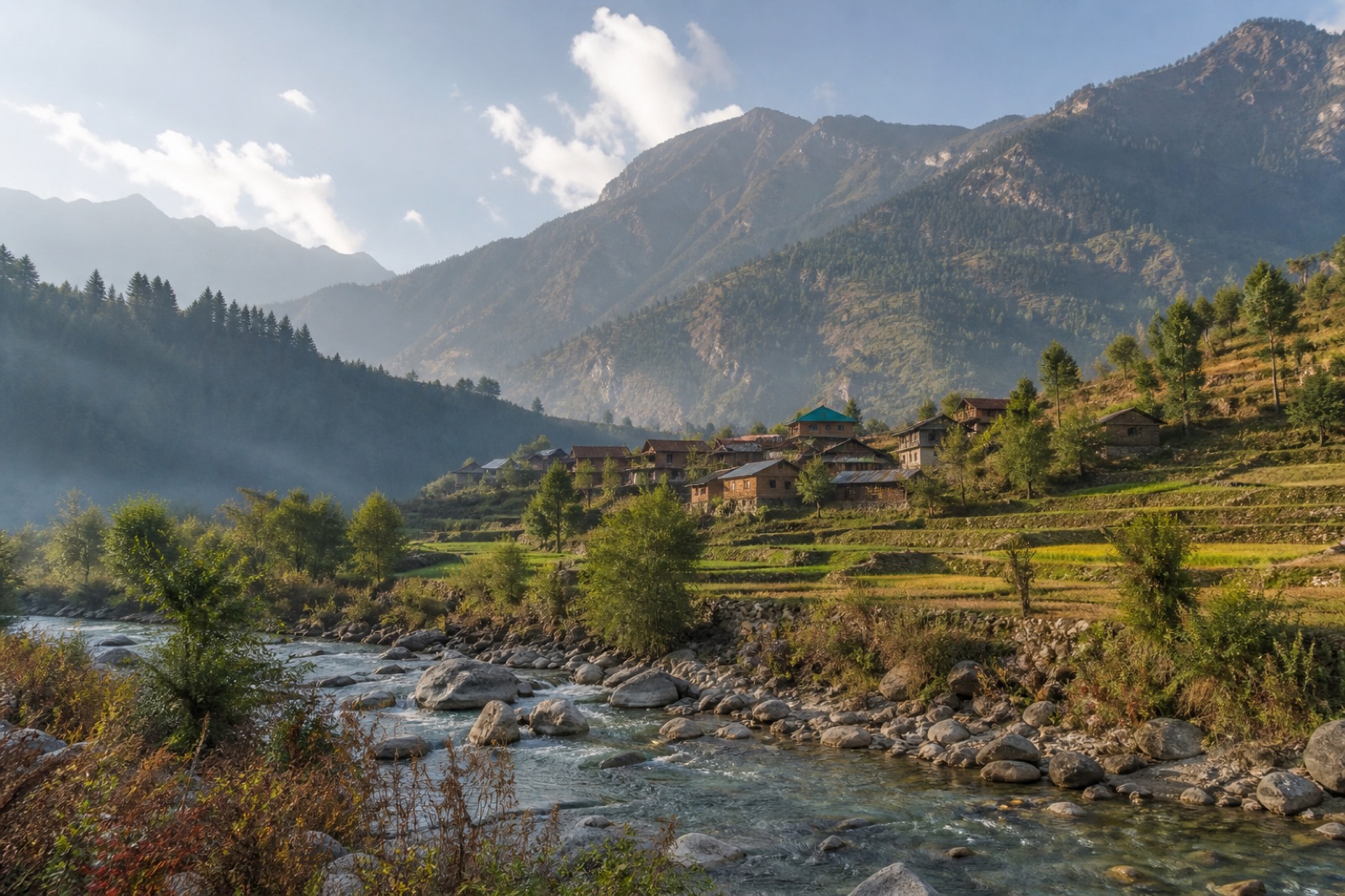AI visualisation of a forested Himalayan valley inspired by Sainj