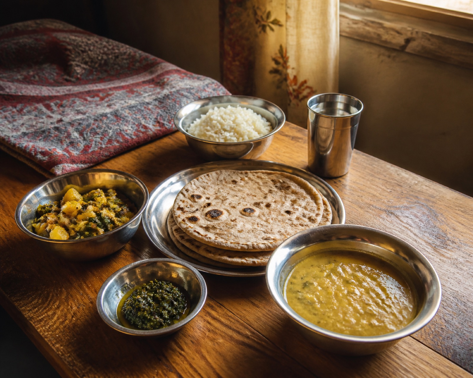 A simple Himachali meal of roti, dal, vegetables and accompaniments