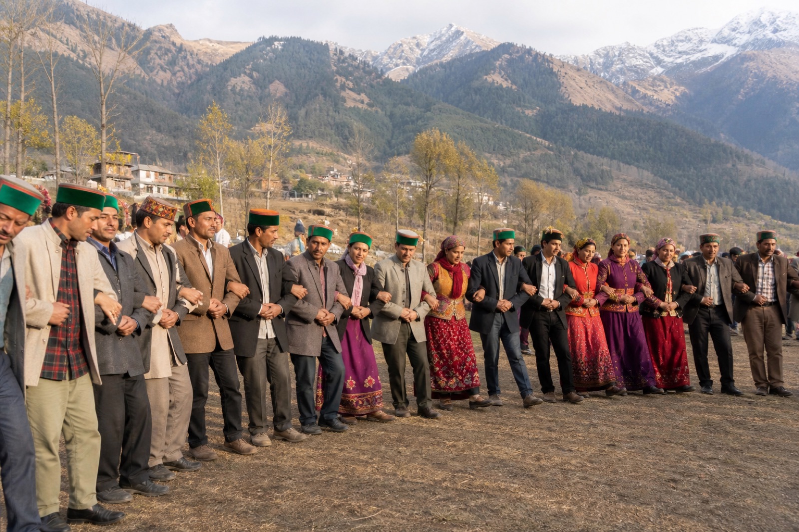 People performing a traditional Nati dance at a village fair in Kullu