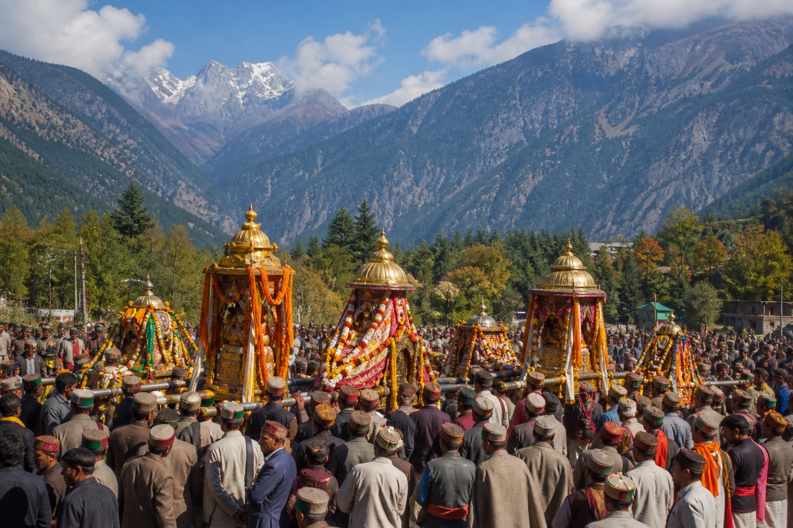 Deity palanquins moving through the main Kullu Dussehra procession