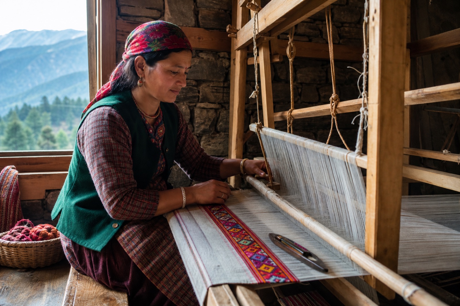 AI visualisation of a fictional Himachali artisan weaving pattu on a wooden handloom
